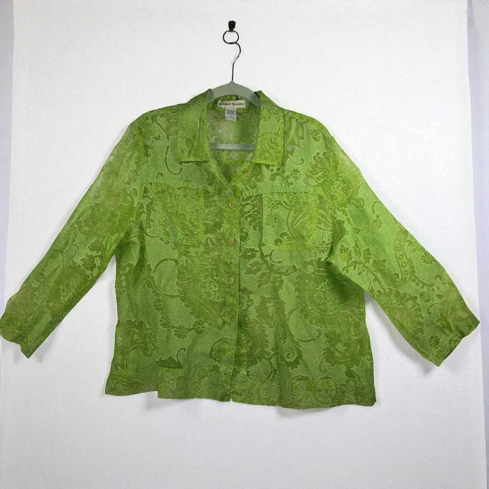 Bamboo Traders Blouse Woman 1X Green Floral Burnout Sheer Button Down Flax Blend